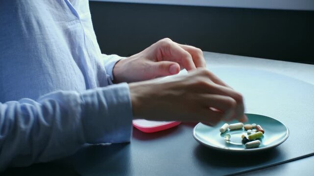 Close up view of female hands sorting various vitamin capsules and medication tablets from a plate into a pink weekly pill organizer, managing her daily health regimen and prescription schedule