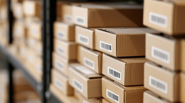 The Boxes in a Busy Warehouse Stacked on Shelves With Barcodes