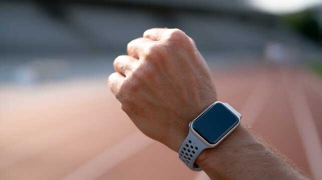 Athlete checking smartwatch on running track at sunrise - fitness tracking and sports performance monitoring