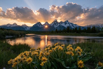 Obraz premium The Alpine Mountains at Sunset Over Golden River and Blooming Wildflowers