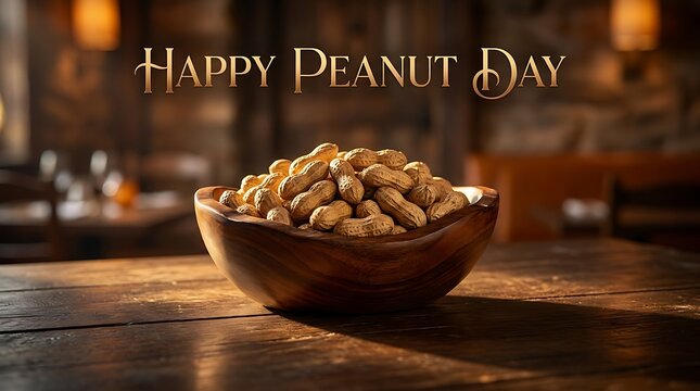 A wooden bowl filled with peanuts on a rustic wooden table, celebrating national peanut day