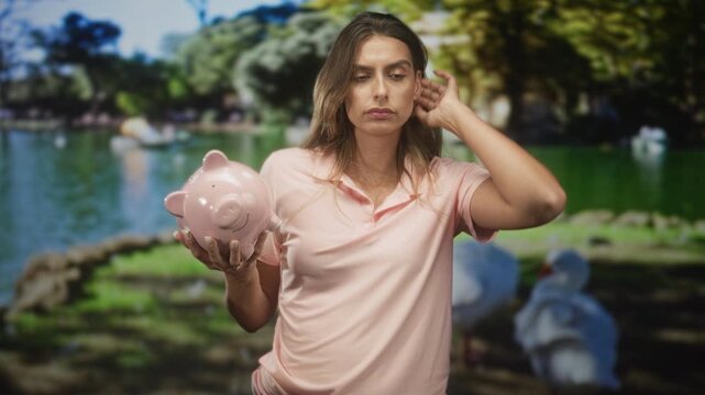 Woman holding pink piggy bank with closed eyes, hand on forehead and other hand on chest in park by lake; financial worry.