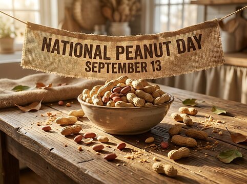 National peanut day celebration with a bowl of peanuts on a rustic wooden table