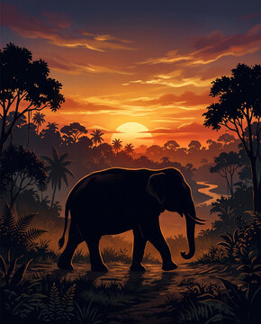 Sumatran Elephant silhouette walking through tropical jungle at sunset