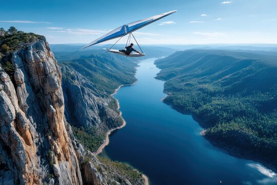 Hang gliding over a breathtaking river canyon surrounded by lush mountains and clear blue sky