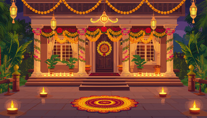 Fototapeta premium Grand Indian house entrance beautifully decorated with traditional garlands, oil lamps, and a vibrant rangoli for a festive celebration.