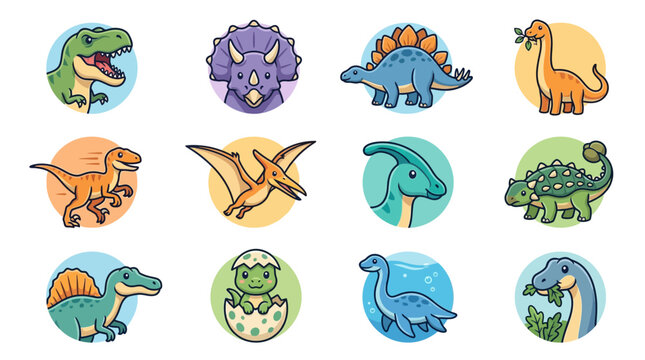 Collection of cartoon dinosaur illustrations with different species and colors