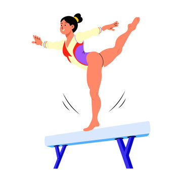 A female gymnast performs a poised balance move on a narrow beam, standing on one leg with arms extended and the other leg lifted gracefully behind.