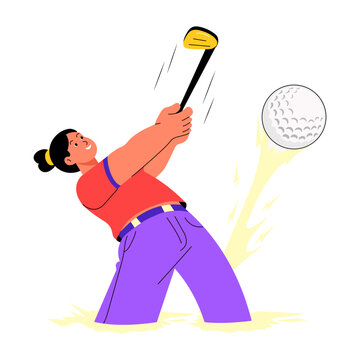 A golfer swings upward from a sand bunker as the ball lifts into the air, shown with a high follow-through and scattered sand movement around the club.