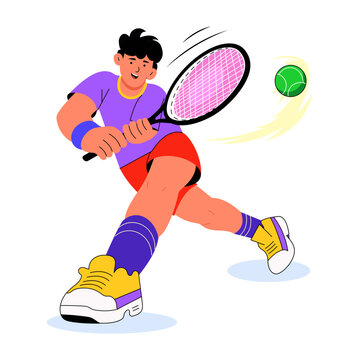 A tennis player runs into a backhand return with the racket drawn across the body, tracking a green ball while curved motion lines show speed and direction.