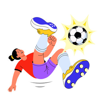 A soccer player performs an overhead bicycle kick with both feet lifted toward the ball, shown in midair with impact marks and dramatic athletic motion.