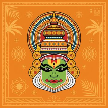 Vibrant illustration of a traditional Kathakali dancer's face with elaborate green makeup and ornate headgear on an orange patterned background.