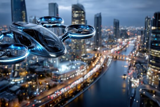 Futuristic passenger drone flying over a blurred cityscape at dusk