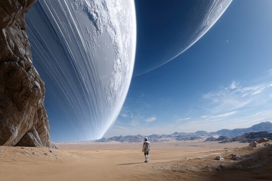Astronaut explores alien landscape under a massive gas giant in a distant desert