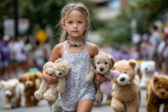 Young girl participates in a lively parade with her puppy and stuffed animals in a city street