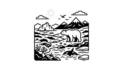 Naklejka premium Polar bear walking in mountain and sea landscape.
