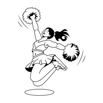A cheerleader jumps high while holding colorful pom-poms, bending the legs and spreading the arms in an energetic routine with lively motion accents.