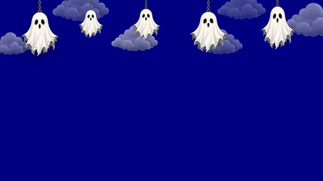 Hanging white ghost on chain with dark cloud on blue background animation