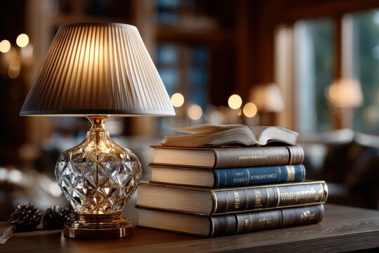 Lamp and Stack of Books on Table in Cozy Room