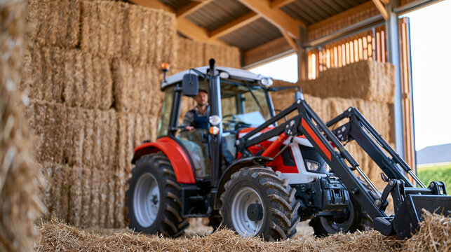 Large barn filled with stacked rectangular hay bales, farmer operating a compact tractor with a front loader, dusty sunbeams entering through open doors, authentic farm storage scene, ultra photorea