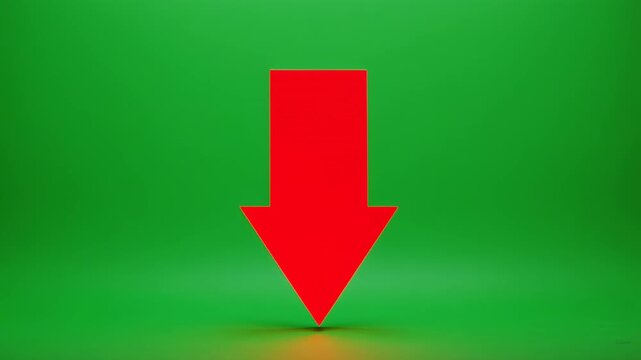Red Downward Arrow Animation on Green Background with Subtle Lighting and Floor Reflection