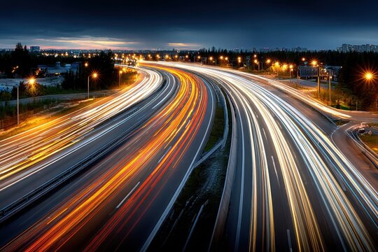 Highway light trails at dusk with city skyline