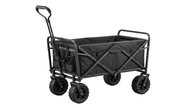 Black folding utility wagon, heavy duty collapsible garden cart with all-terrain wheels, portable outdoor transport trolley for camping