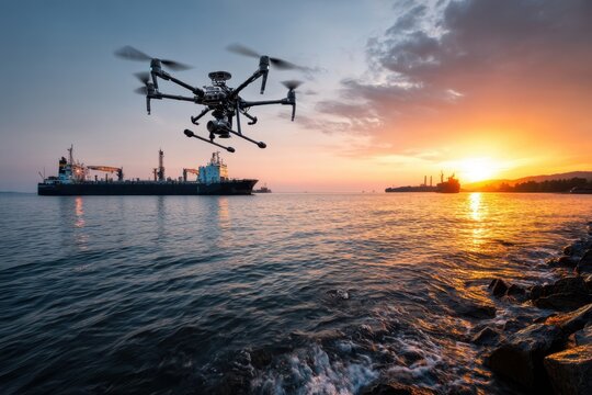 Drone captures stunning sunset over industrial harbor with ships at sea
