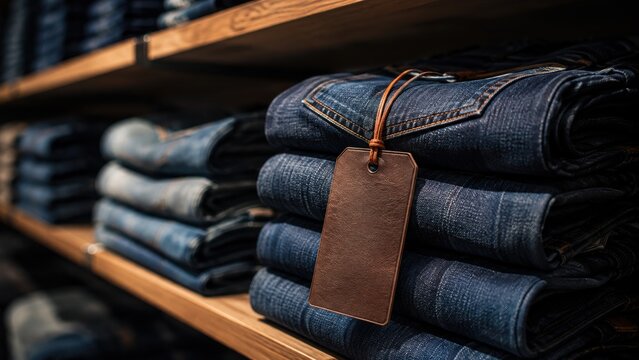 Folded denim jeans stack with brown leather price tag on wooden shelf in retail boutique showroom.