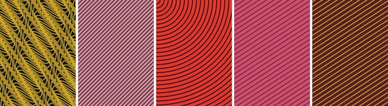 Set of five modern minimalist geometric line pattern backgrounds in warm red and gold tones with geometric
