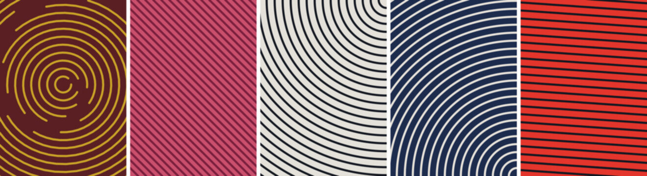 Abstract geometric graphic patterns set including circular and linear elements in warm colors with abstract