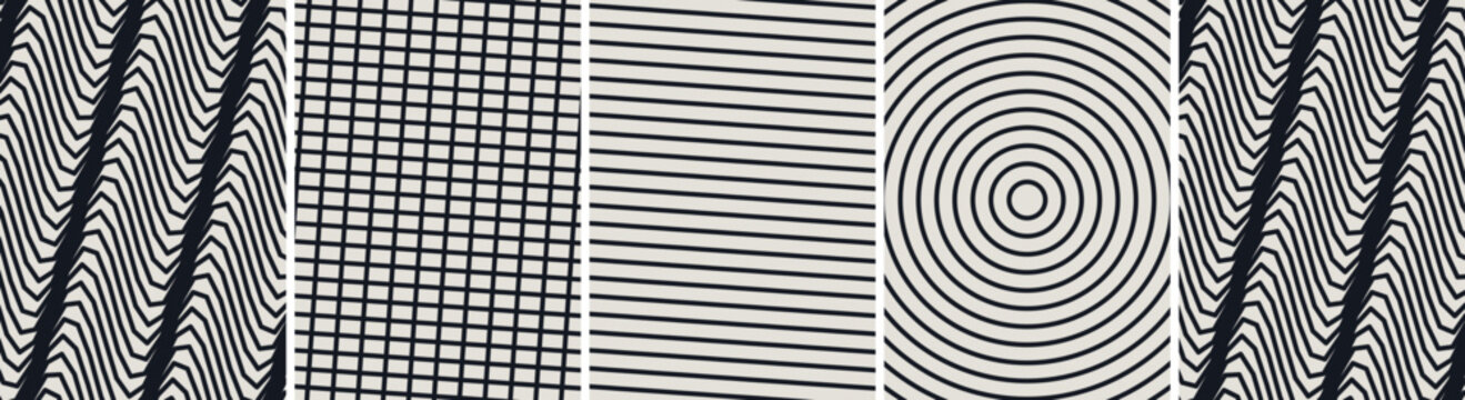 Set of minimalist geometric line patterns featuring waves grids and concentric circles geometric abstract