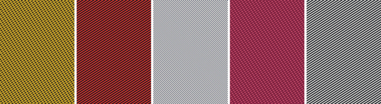 Graphic collection of diagonal stripe and dotted line patterns in various colors and textures with diagonal