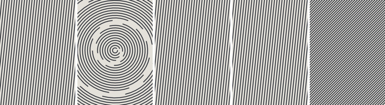 Minimalist geometric line art patterns set featuring parallel diagonal stripes and concentric circles