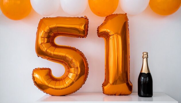 Number 51 Balloon with Champagne Bottle. Orange and White Theme for Birthday or Anniversary Celebration