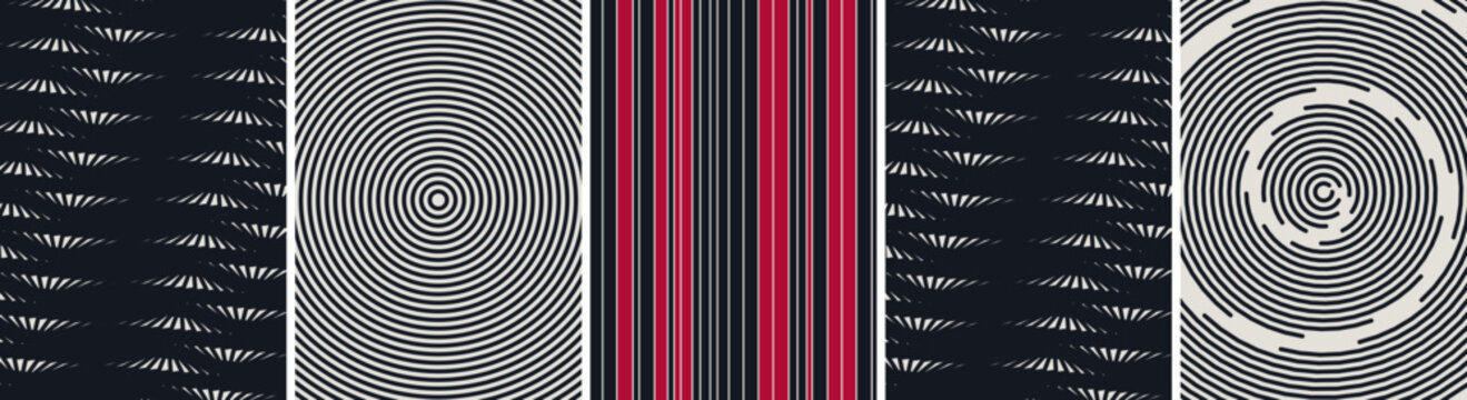 Abstract background collection featuring concentric circular patterns and vertical red striped lines