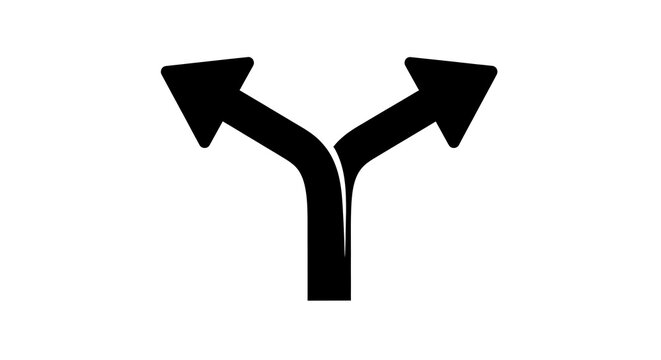 Black split arrow icon showing two directions for decision making and path choice.