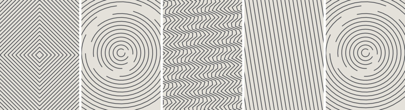 Collection of geometric patterns including concentric circles diagonal lines and zigzag structures