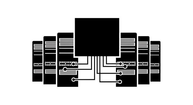 Black server rack icon with network connection lines for data center and cloud computing