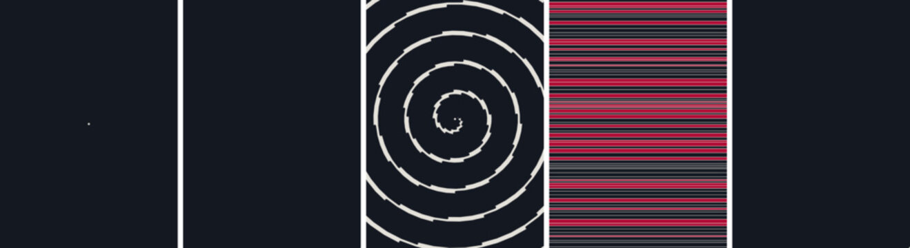 Modern graphic background set with fine line circular motifs and bold red horizontal stripes, abstract