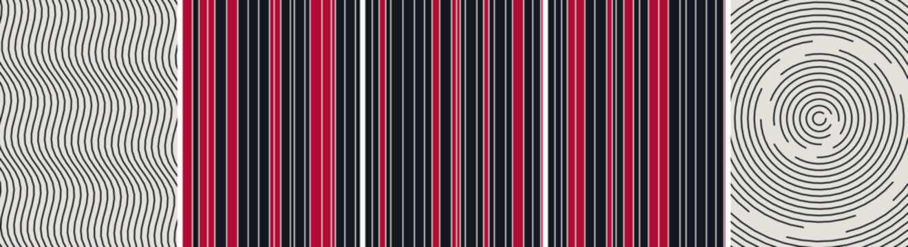Abstract geometric patterns with red, black, and beige stripes and concentric circular line designs