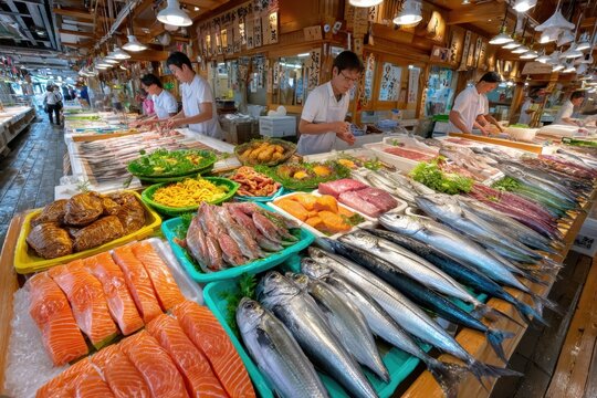 Vibrant Seafood Market Display Abundant Fresh Fish Selection