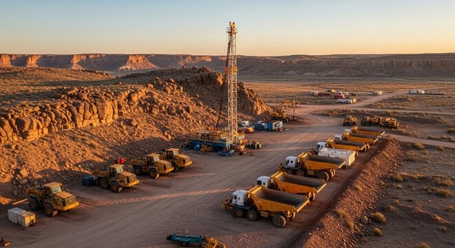 Oil exploration camp with drilling rig and heavy machinery in arid desert landscape at sunset