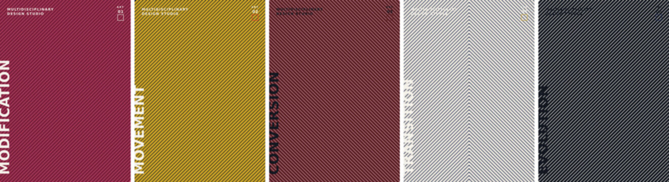 Series of abstract posters featuring multicolored diagonal line textures and modern typography, abstract