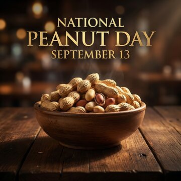 National peanut day september 13 celebration concept with a rustic bowl full of fresh roasted peanuts on a wooden table in a warm atmospheric setting