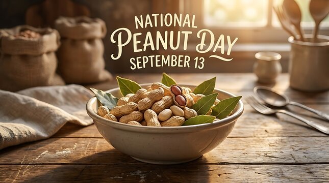 National peanut day celebration on september 13 with a bowl of fresh peanuts on a rustic wooden table