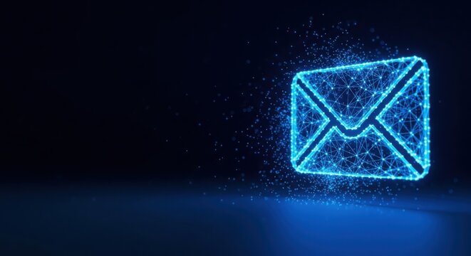 Glowing digital email icon made of blue network connection dots and lines illustration