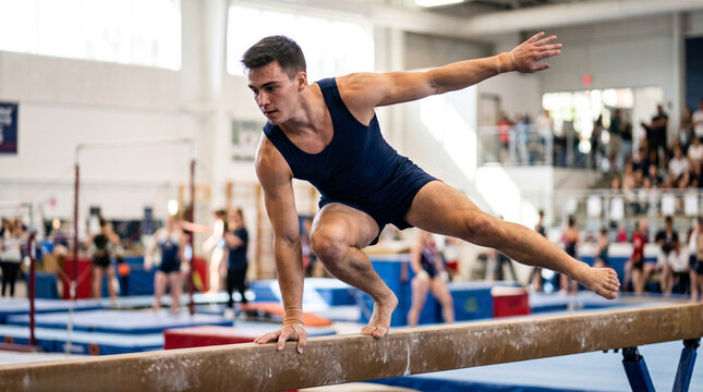 Male gymnast performs routine on balance beam in competition with spectators watching
