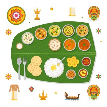 Traditional South Indian Sadhya meal served on a banana leaf with various dishes, rice, and cultural elements for Onam festival celebration.