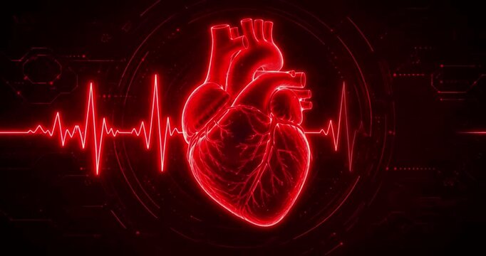 Futuristic Glowing Human Heart with ECG Pulse Waveform and Medical HUD Tech Interface